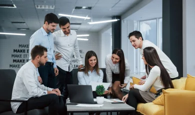 into success. group of young freelancers in the office have conversation and smiling